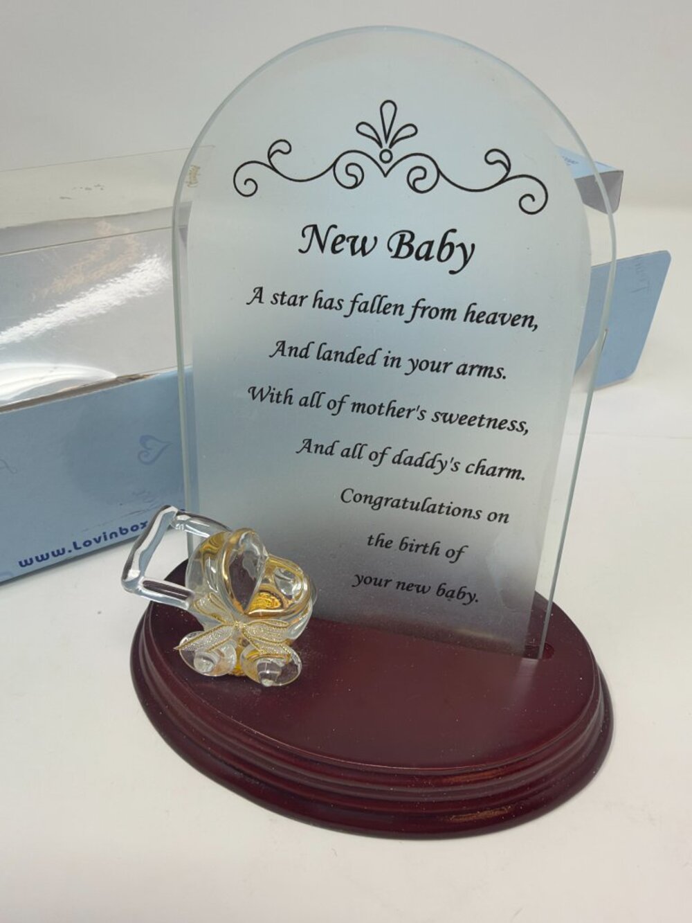 LOVINBOX New Baby Glass Plaque Stroller Figurine Gold Accents Boxed Keepsake
